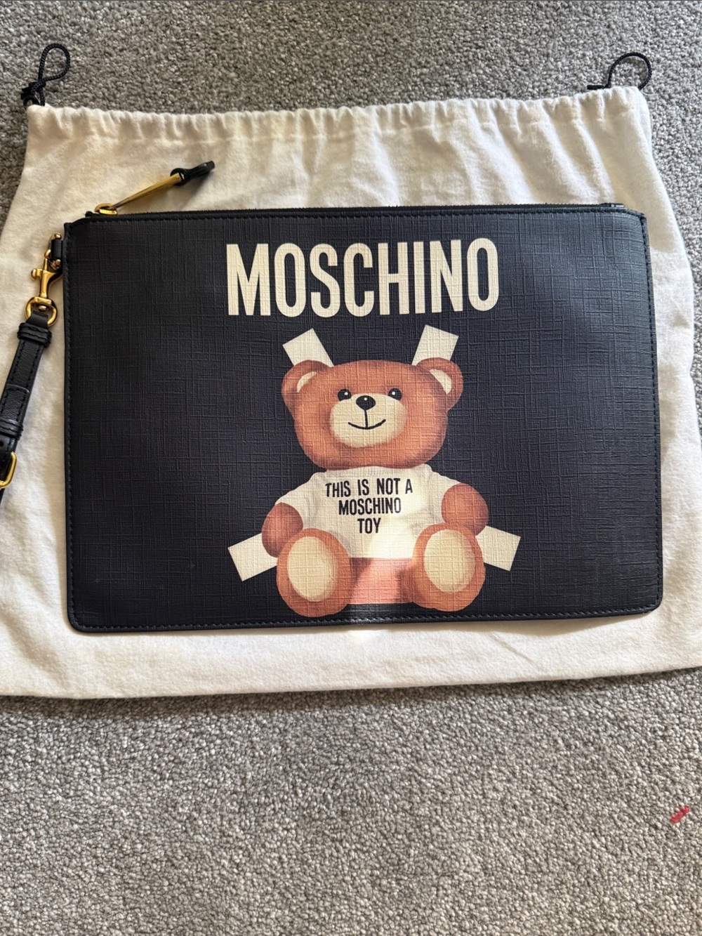 Moschino Couture Teddy Bear Black Leather Wristlet Clutch Pouch w/ Dust Bag